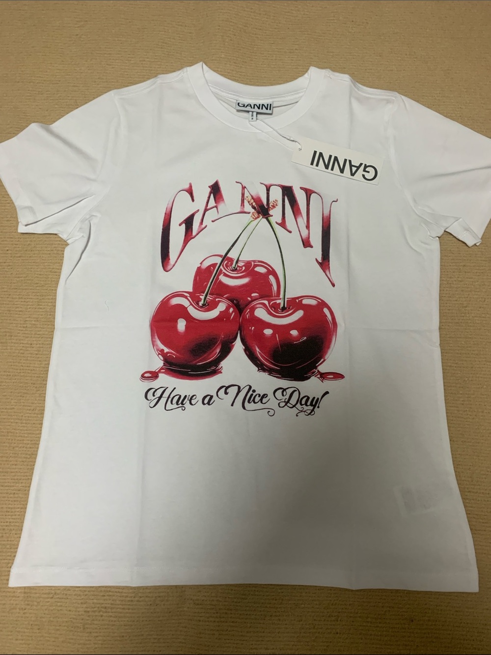 Ganni White Tee with Red Cherry Graphic and Script short sleeve Tee